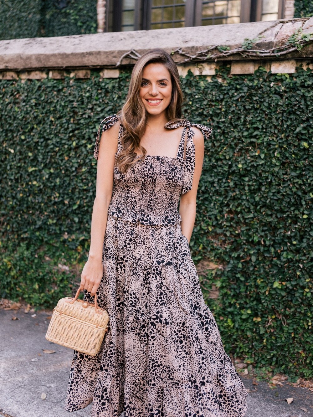 Tie-Shoulder Leopard Print Maxi Dress in Beige and Black